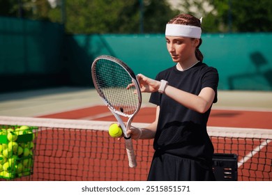 girl tennis player adjusts the strings of a tennis racket close-up during a match, against the background of a court, tennis game - Powered by Shutterstock