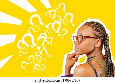 Girl thought about it. Black woman on a yellow background. Question mark as a metaphor for thoughtfulness. Woman student is puzzled by something. Black girl next to question marks. Woman thinks