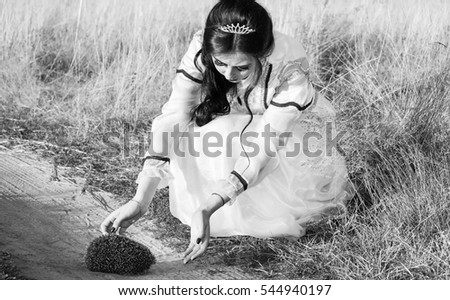 The girl touches a live hedgehog on the country road. Girl and hedgehog.