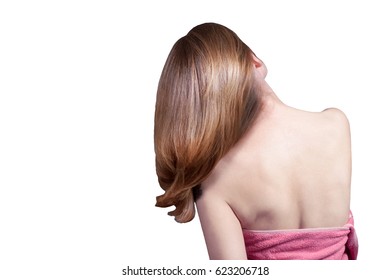 Girl in towel with long hair on white background - Shutterstock ID 623206718