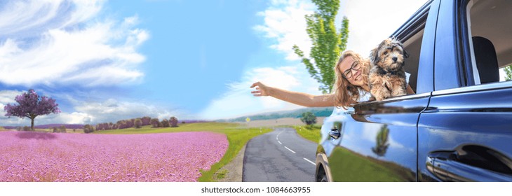 A Girl Traveling By Car With Her Family And A Dog