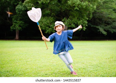 A girl trying to catch a dragonfly with a worm net