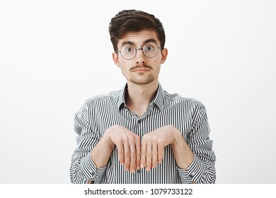 Girl Turned Boyfriend Into Puppy. Portrait Of Cute Funny Caucasian Man With Moustache In Glasses, Holding Hands Near Chest Like Animal Paws And Staring With Carefree Dumb Expression At Camera