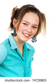 girl in the turquoise shirt with a white background - Shutterstock ID 74720803