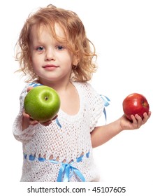 girl with two apples in her hands, sharing one