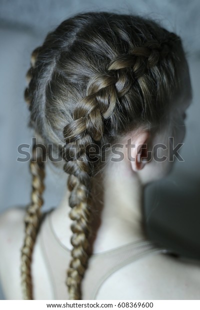 Girl Two Braids Blonde Hair Stock Photo Edit Now 608369600