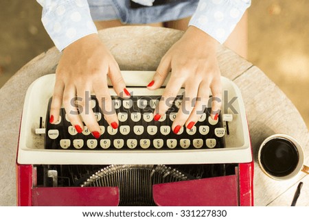 Similar – Image, Stock Photo Top view of female using her laptop on a wooden table.