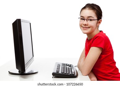 Girl Using Computer Isolated On White Background