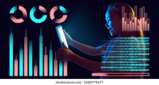 Girl using interface modern technology, digital layer panel and icons as economics learning concept. Analyzing situation with world's finance position while crisis and pandemic, business strategy.