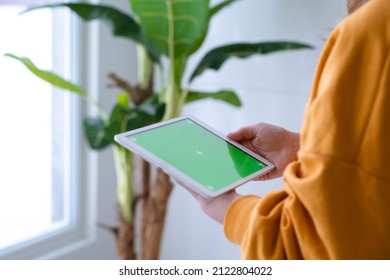 Girl Using IPad Tablet Viewing Green Screen Press Browsing Chroma Key Online Typing Text Reading Social Media Close Up Hands 13.12.21 St.Petersburg Russia.