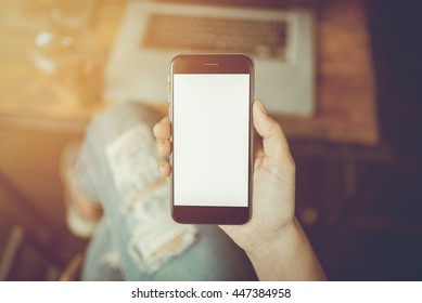 girl using smartphone in cafe. 