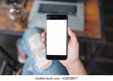 girl using smartphone in cafe. white screen. 