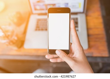 girl using smartphone in cafe.  white screen. 
