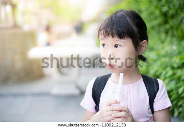 Girl Using Tube Drinking Water Bottle Stock Photo Edit Now