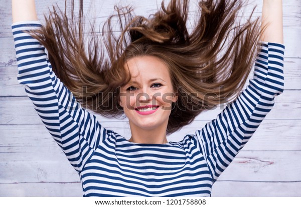 Girl Vest Long Tousled Hair Smiling Stock Image Download Now