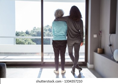 Girl Visiting Grandma. Back View Of Young And Elderly Women Standing And Looking Out Window. Family And Taking Care Concept