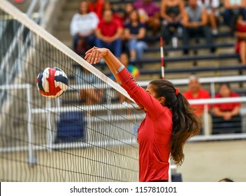Girl Volleyball players blocking a spike at the net