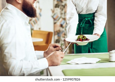 Girl waiter serves his dish in restaurant to a man. The waiter serves in the restaurant of a smiling bearded man. Service serving meals to the visitor in the restaurant. - Powered by Shutterstock