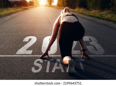 Girl Waiting To Start The New Year 2023. New Goals, Plans And Visions  For The Next Year 2023. Planning,opportunity, Challenge And Business Strategy. 