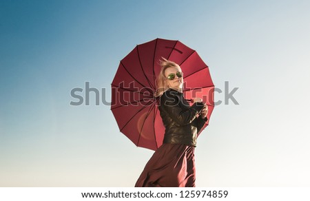 Similar – Image, Stock Photo Happy blonde woman with sunglasses and a hat enjoying the sun in nature