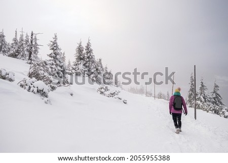  The girl walking in snowy forest in the mountains in winter
