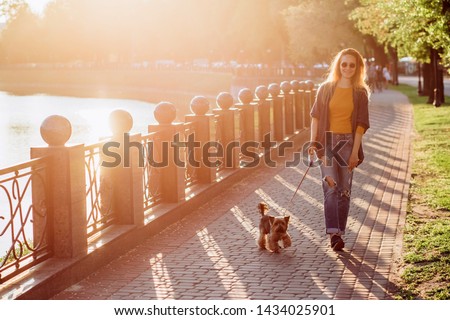 The girl walks with a dog on the waterfront at sunset. Blonde walks with a Yorkshire terrier. Walk around the city.