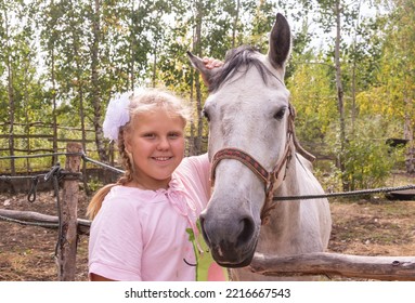 A Girl Walks With A Horse On A Warm Summer Day. 