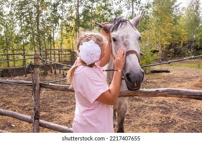 A Girl Walks With A Horse On A Warm Summer Day. 