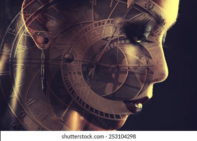 girl watches. Mystical image of time. Alchemical processes of aging. Photo with double exposure - Shutterstock ID 253104298