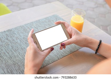 Girl Watching Video Or Play Game On Mobile Phone In Horizontal Position. Isolated Screen For App Mockup, Presentation. Close-up.