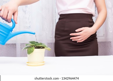 A Girl Is Watering A Flower In The Office From A Watering Can And Holding On To The Bladder, The Concept Of Urinary Incontinence In Women, Urology And Gynecology, Kidney Disease, Copy Space