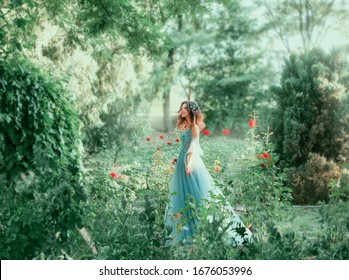 Вrunette Girl Wavy Hair Hairstyle. Green Fairy Forest. Medieval Young Beautiful Woman Princess. Blue Vintage Watercolor Fluffy Full Dress, Long Train. Backdrop Summer Nature, Garden Trees Red Roses