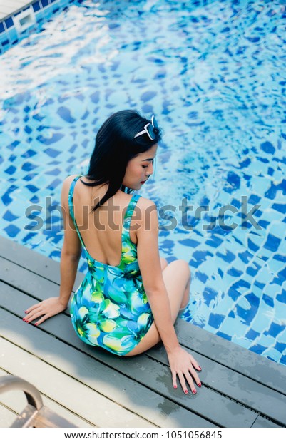 Girl Wear Bikini Swimming Pool Stock ...