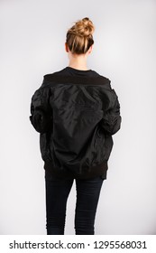 Girl Wearing Black Jacket Mockup Template 