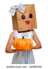 Girl Wearing Blue Dress   Happy Bag Face Over Her Head Isolated White Background 