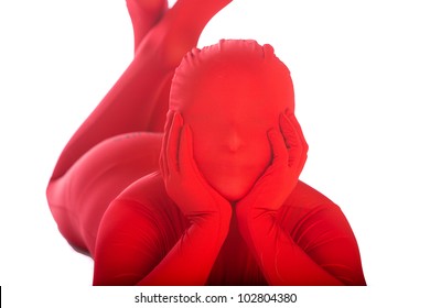 Girl Wearing A Bright Red Body Suit Laying Down Casually.