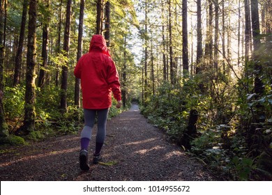 Girl wearing a bright red jacket is walking in the beautiful woods during a vibrant winter morning. Taken in Ucluelet, Vancouver Island, BC, Canada.
