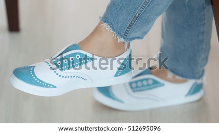Girl wearing canvas sneakers standing  , Shoes painted colors by hand made , woman shoes 