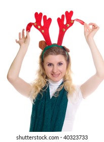 Girl Wearing A Reindeer Headband