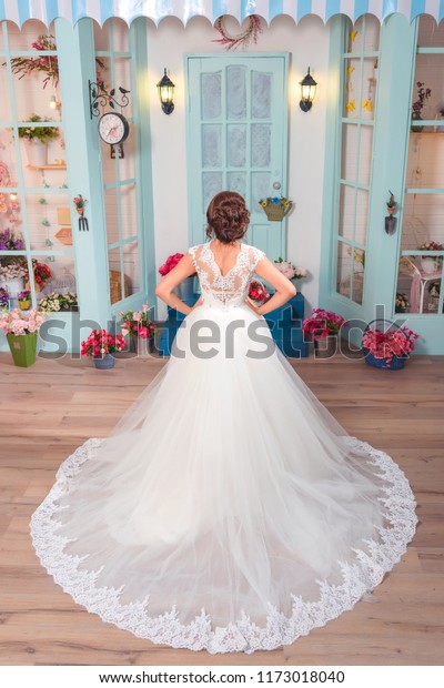 Girl Wedding Dress On Blue Door Stock Photo Edit Now 1173018040