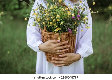 A girl in a white blouse holds a wicker basket with a bouquet of wild flowers. Summer walk in the field. midsection. - Shutterstock ID 2169048799