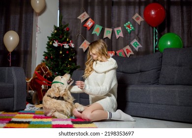 A Girl With A White Dog With Deer Red Antlers Near The Christmas Tree Sits Near A Gray Sofa, Balloons And A Garland