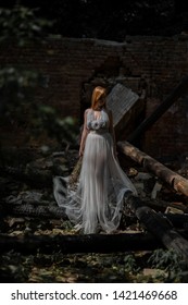 A girl in a white dress with a bouquet of dried flowers on the ruins of a burnt house