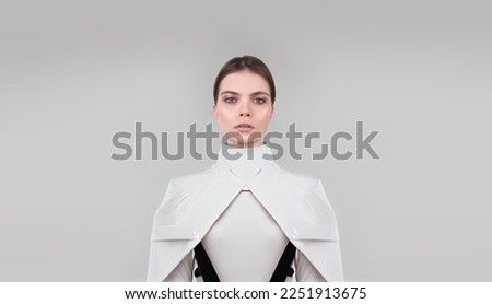 girl in white futuristic clothes strong face, green eyes digital Technology Artificial intelligence Space for text