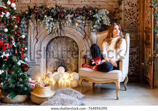 Girl White Knitted Jumper Christmas Socks Stock Photo Edit Now