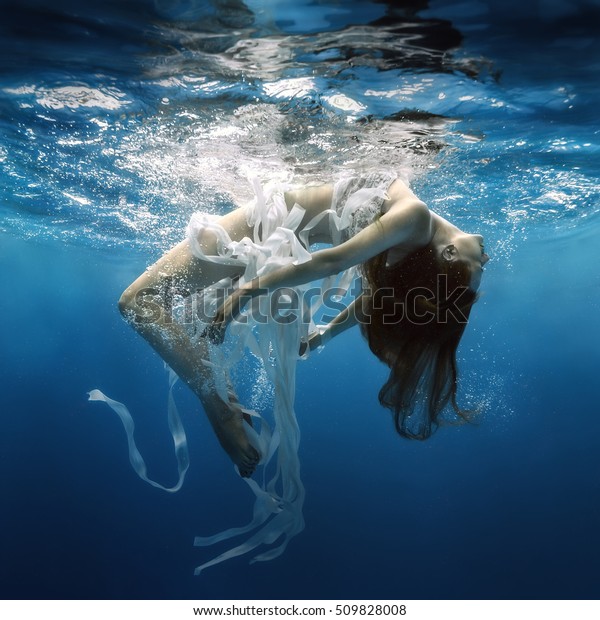 Girl White Ribbons Under Water Stock Photo (Edit Now ...