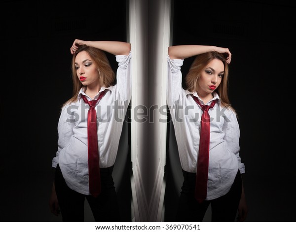 Girl White Shirt Red Tie Leans Stock Photo Edit Now 369070541