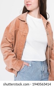 Girl In White T-shirt And Brown Jacket Winter Fashion Shoot