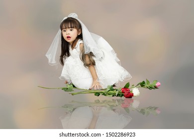 Girl In White Wedding Dress On Back Drop.