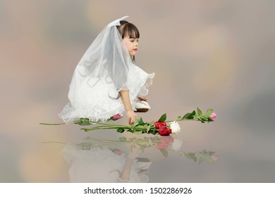 Girl In White Wedding Dress On Back Drop.